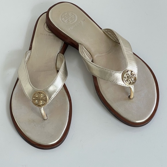 Tory Burch Benton Metallic Leather Thong Flip Flop Sandals 5M Spark Gold - Picture 6 of 12